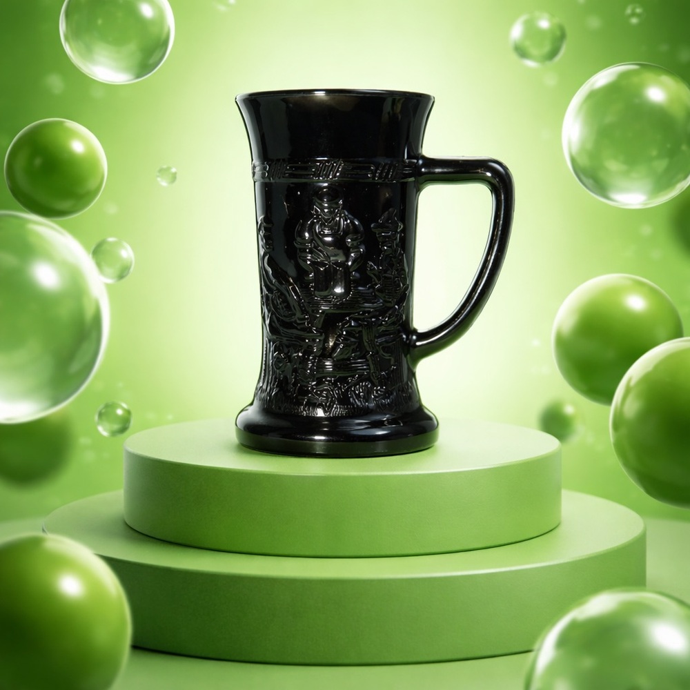 Tiara Black Amethyst Raised Tavern Scene Mug By Indiana Glass Company